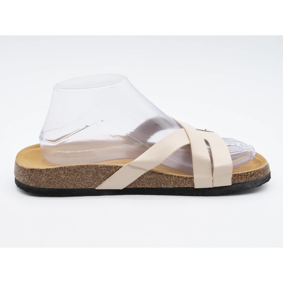 J Mark Sandals Womens 7.5 Beige Faux Leather Strappy Adjustable Slides Cork - Picture 3 of 10